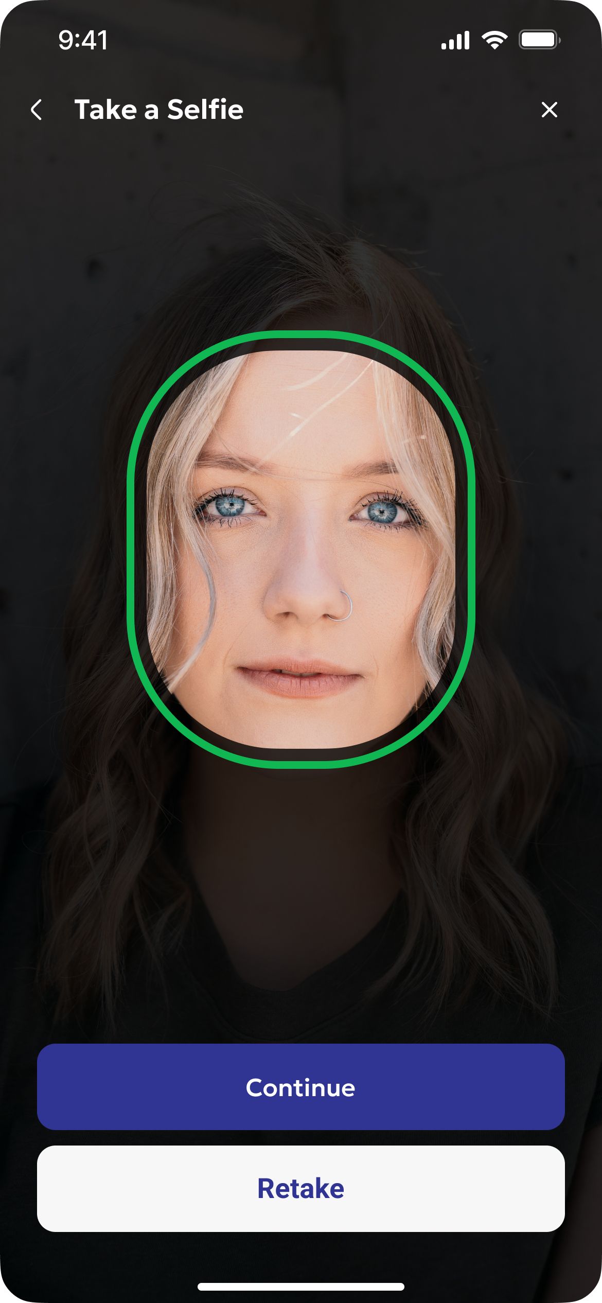 Selfie review with continue and retake