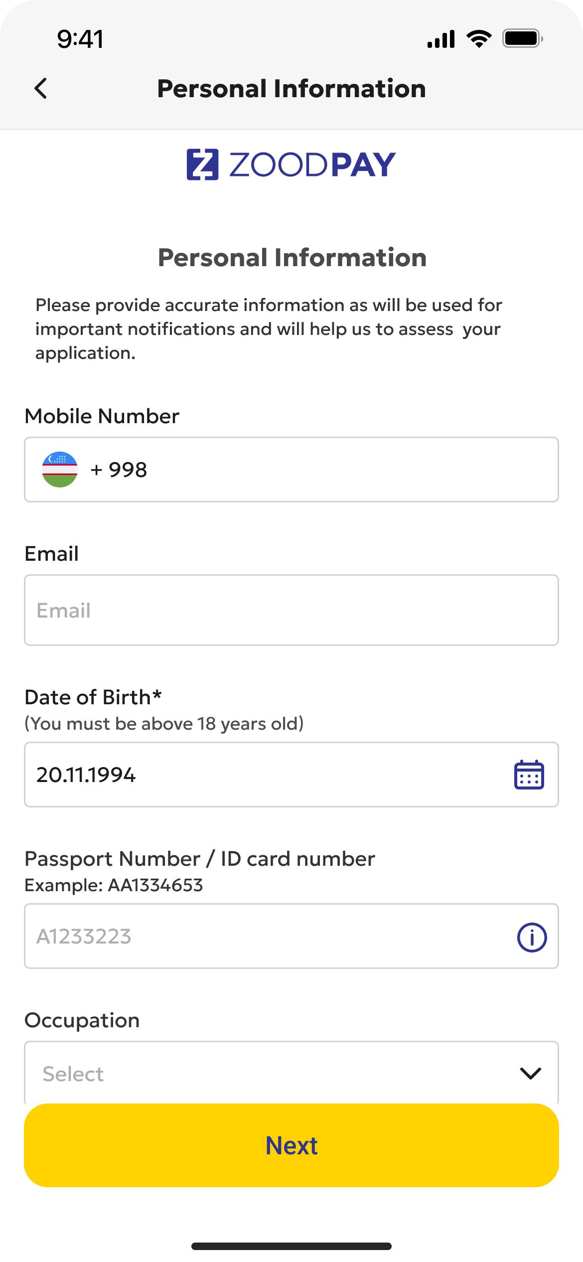 Previous personal information form