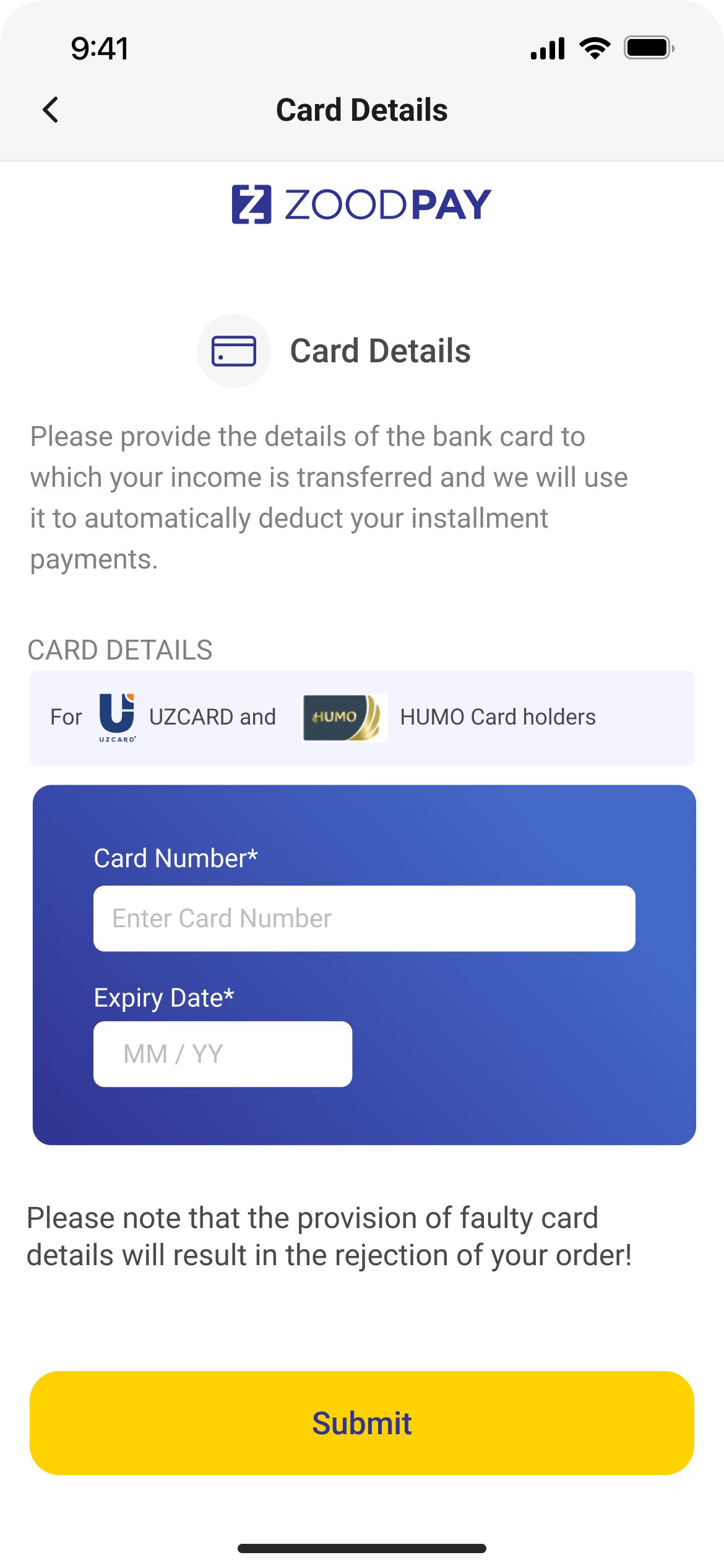 Previous card details form