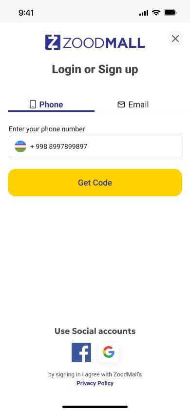 Previous ZOODMALL login or sign-up screen with phone and email tabs