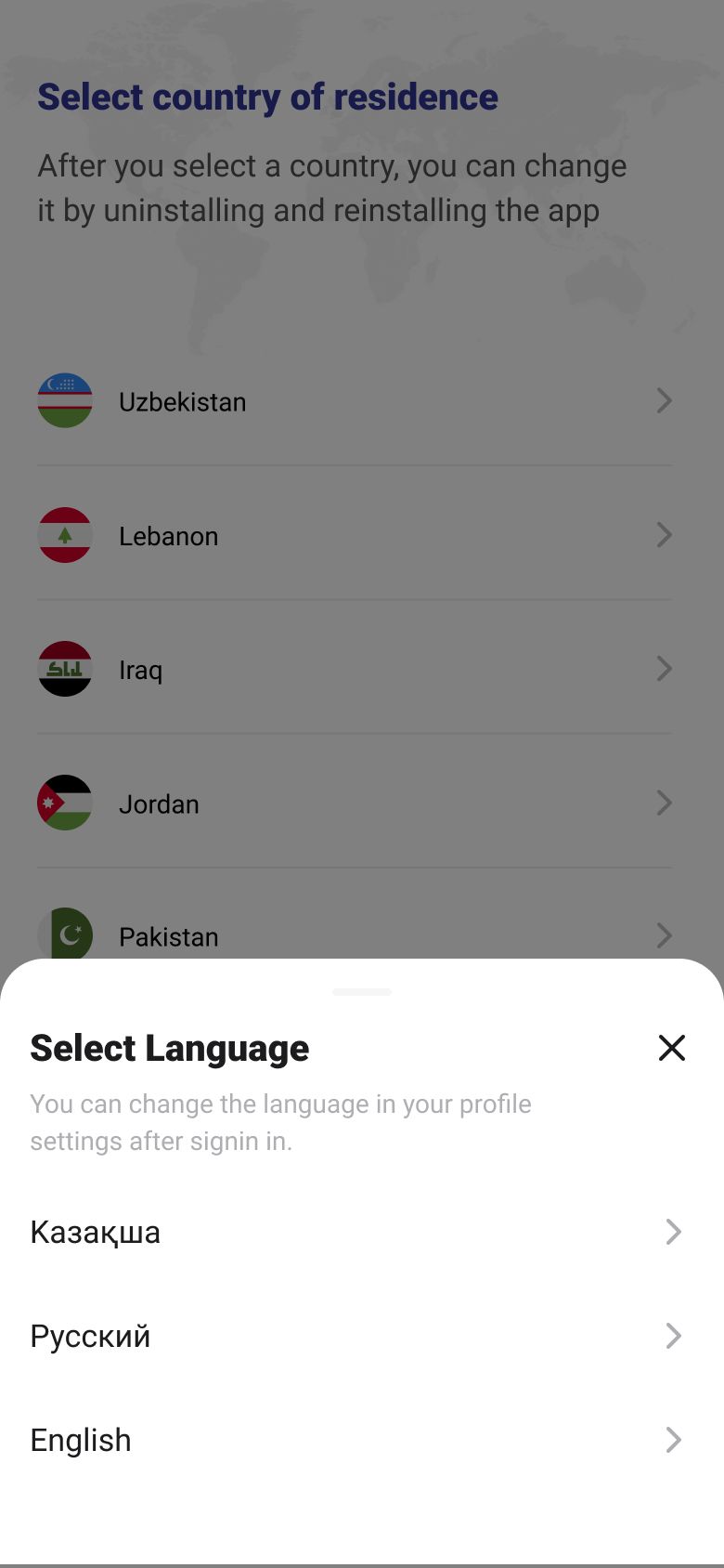 Previous country of residence and language pickers