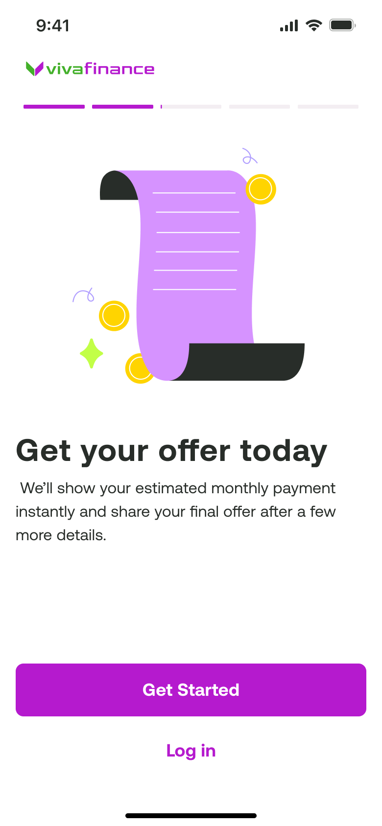 Viva Finance onboarding screen: Get your offer today