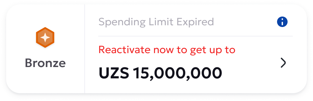 Spending Limit widget-Loyalty Program-Shows user's total limit, available limit and tier. As well as next action to be taken if they are not activated.